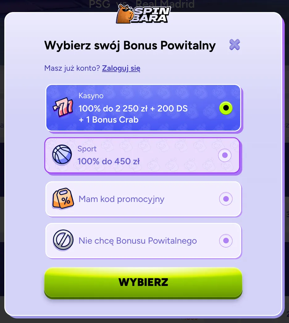 Wybierz swój Bonus Powitalny – Spinbara Casino lub Sport do 2 250 zł lub 450 zł Formularz wyboru bonusu powitalnego Spinbara – opcje: bonus kasynowy, sportowy, kod promocyjny lub brak bonusu