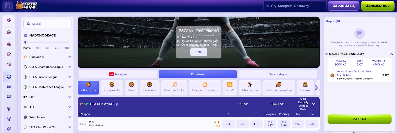 Spinbara – Zakłady sportowe na żywo i przedmeczowe, w tym PSG vs Real Madrid Ekran główny zakładów sportowych Spinbara – zakłady na PSG vs Real Madrid, kupon, kursy i oferta powitalna