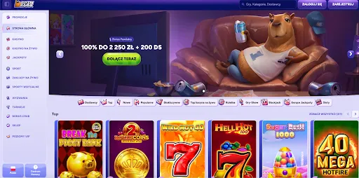 SpinBara – Bonus powitalny do 2250 zł i 200 darmowych spinów na najlepsze gry kasynowe Strona główna kasyna SpinBara z maskotką leniwie leżącą na kanapie i ofertą bonusową do 2250 zł + 200 darmowych spinów