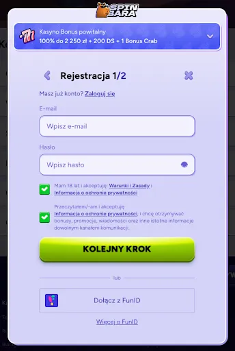 Formularz rejestracyjny Spinbara – krok 1 z 2 z bonusem kasynowym do 2 250 zł + 200 darmowych spinów