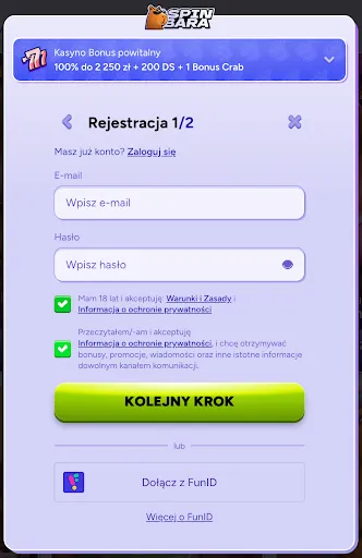 Spinbara – Rejestracja konta i odbiór bonusu: 100% do 2 250 zł + 200 spinów + 1 Bonus Crab Formularz rejestracji Spinbara – wpisz e-mail i hasło, aby odebrać bonus powitalny 100% do 2 250 zł + 200 darmowych spinów + 1 Bonus Crab