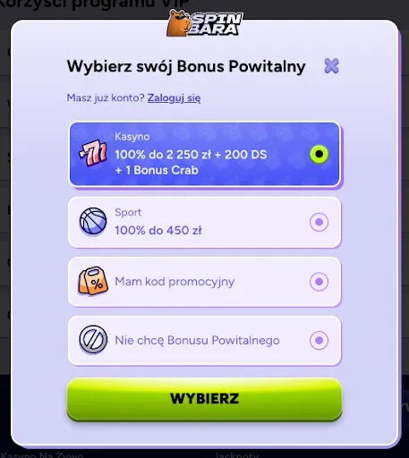 Formularz wyboru bonusu powitalnego w Spinbara – bonus kasynowy, sportowy, z kodem promocyjnym lub bez bonusu