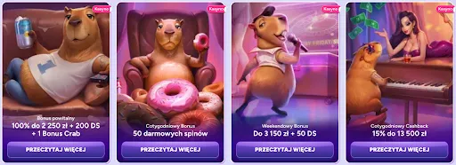 Oferty bonusowe Spinbara: bonus powitalny do 2 250 zł + 200 DS, cotygodniowy bonus 50 darmowych spinów, weekendowy bonus do 3 150 zł + 50 DS oraz cashback do 13 500 zł