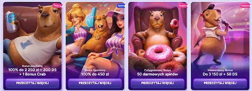 Spinbara – Odbierz bonus powitalny: 100% do 2 250 zł + 200 darmowych spinów + 1 Bonus Crab Kapibara z napojem – bonus powitalny 100% do 2 250 zł + 200 darmowych spinów i 1 Bonus Crab